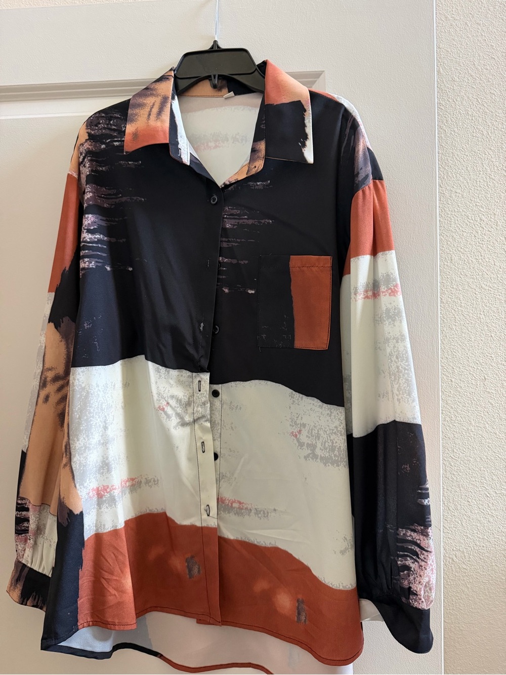 Woman Colorblock Long-Sleeve Button-Up Shirt Jacket - Black & Rust